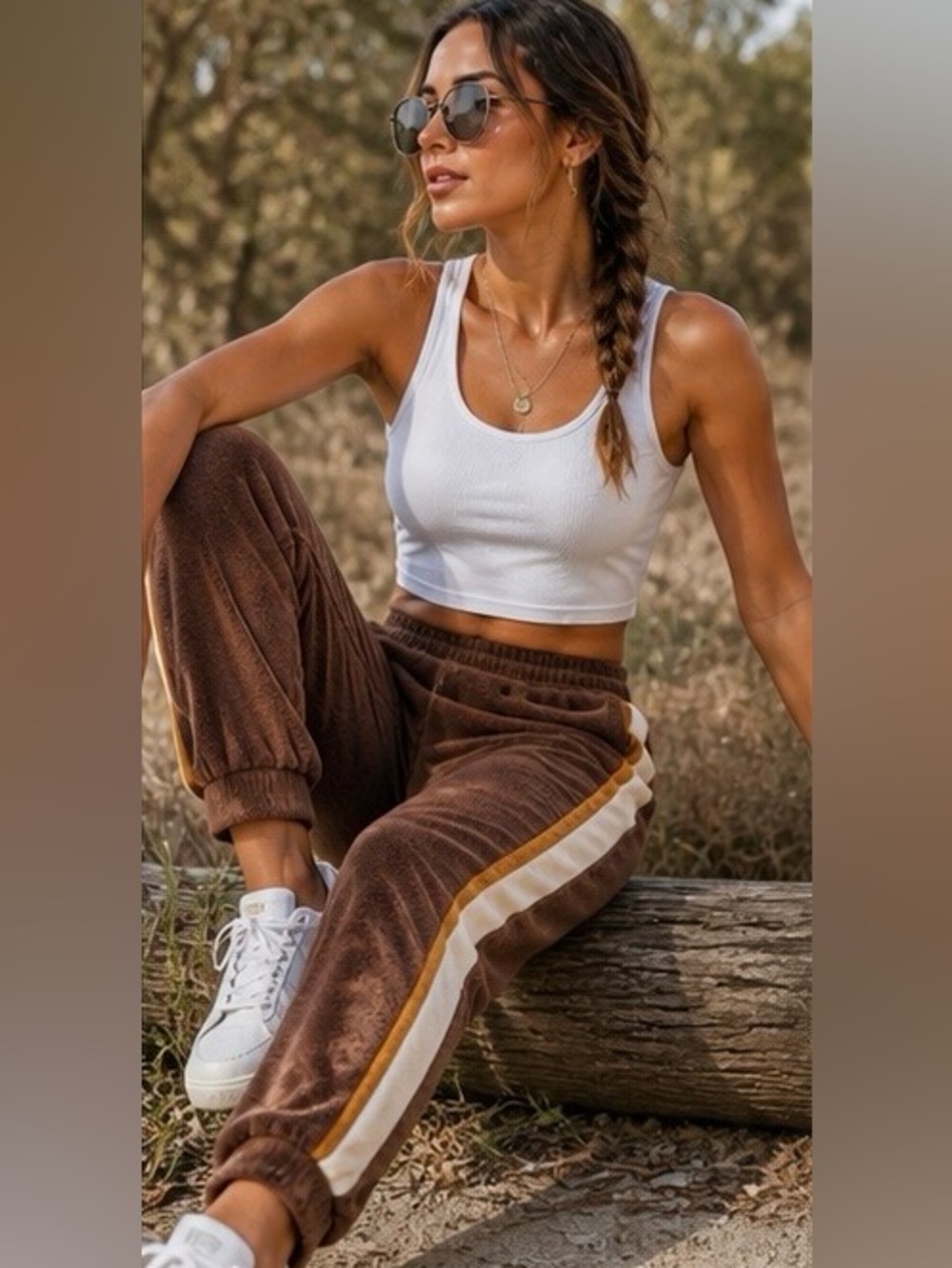 Mocha Track Joggers with Gold and Cream Side Stripe | Soft Velour Stripe Joggers